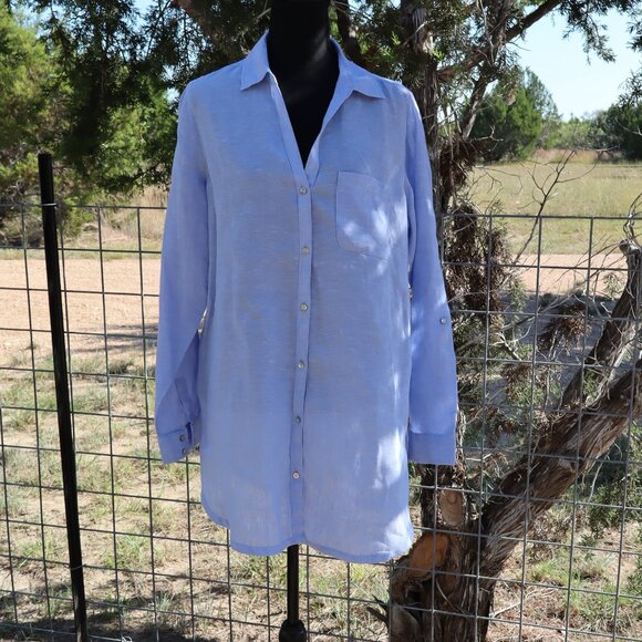 Sigrid Olsen Womens Blue Linen Tunic Button Up Long Sleeve Size Med Lightweight - Picture 1 of 8
